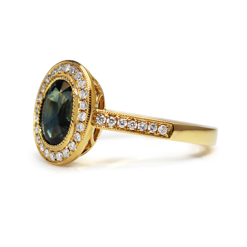 18ct Yellow Gold Teal Sapphire Diamond Halo Ring
