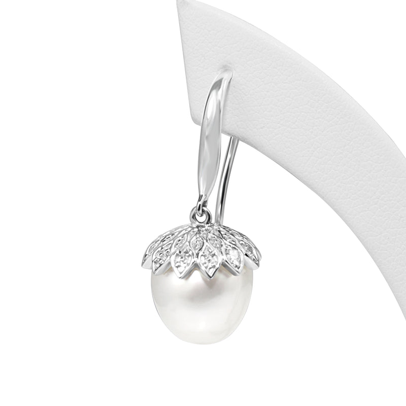 18ct White Gold South Sea 10mm Pearl and Diamond 'Acorn' Earrings