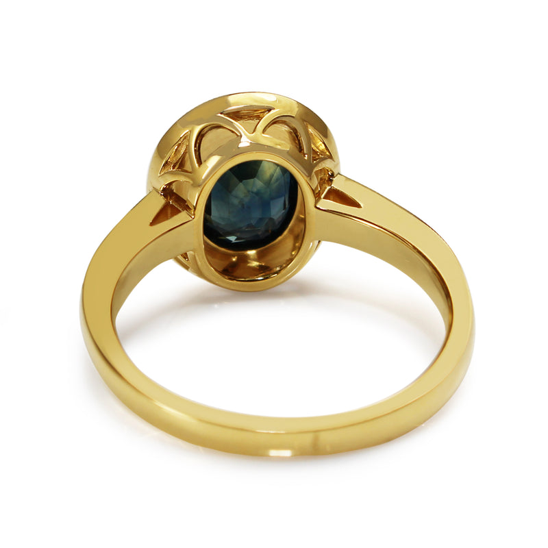 18ct Yellow Gold Teal Sapphire Diamond Halo Ring