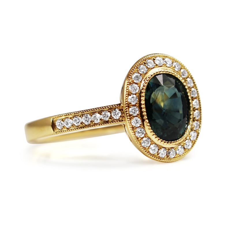 18ct Yellow Gold Teal Sapphire Diamond Halo Ring