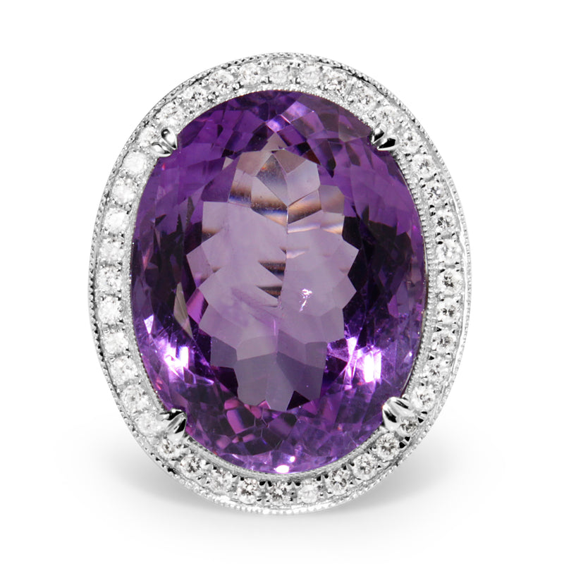 18ct White Gold Large Amethyst and Diamond Halo Ring