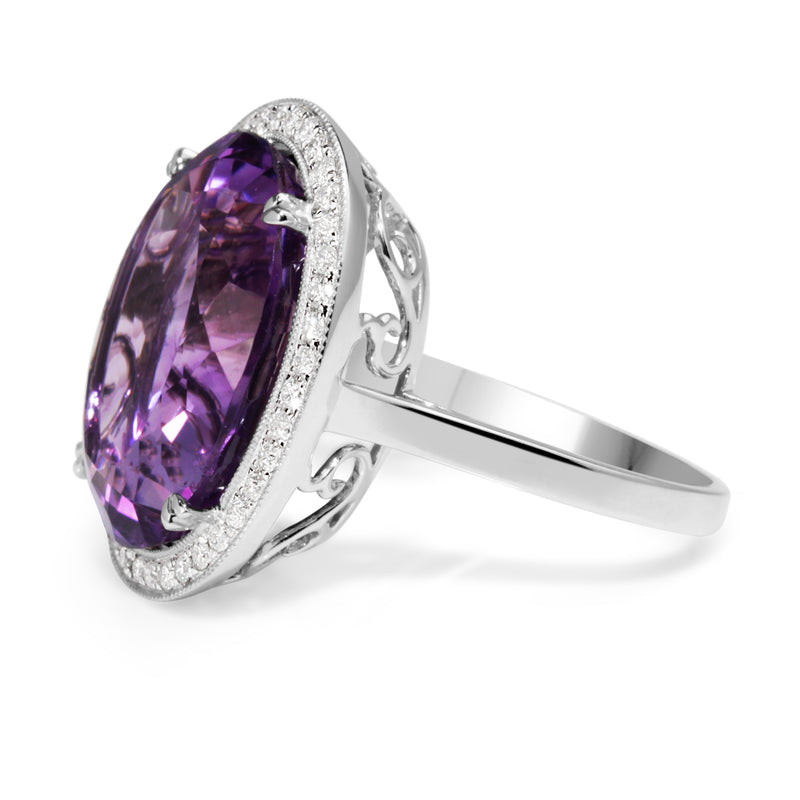 18ct White Gold Large Amethyst and Diamond Halo Ring