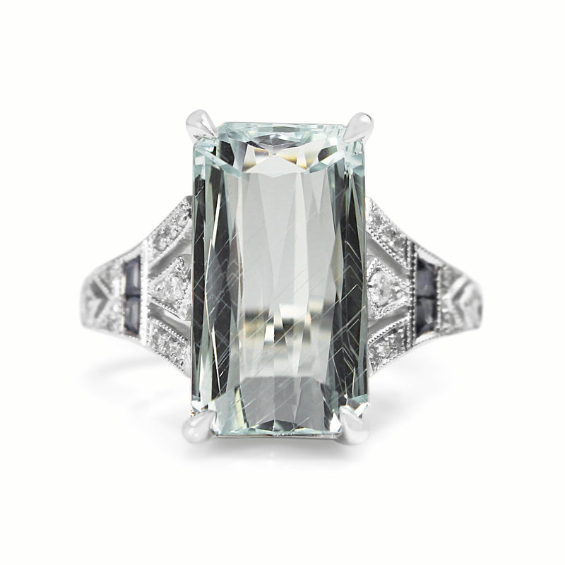 18ct White Gold Deco Style Aquamarine, Sapphire and Diamond Ring