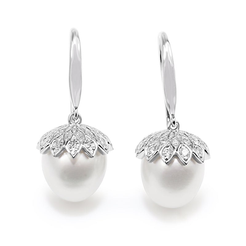 18ct White Gold South Sea 10mm Pearl and Diamond 'Acorn' Earrings