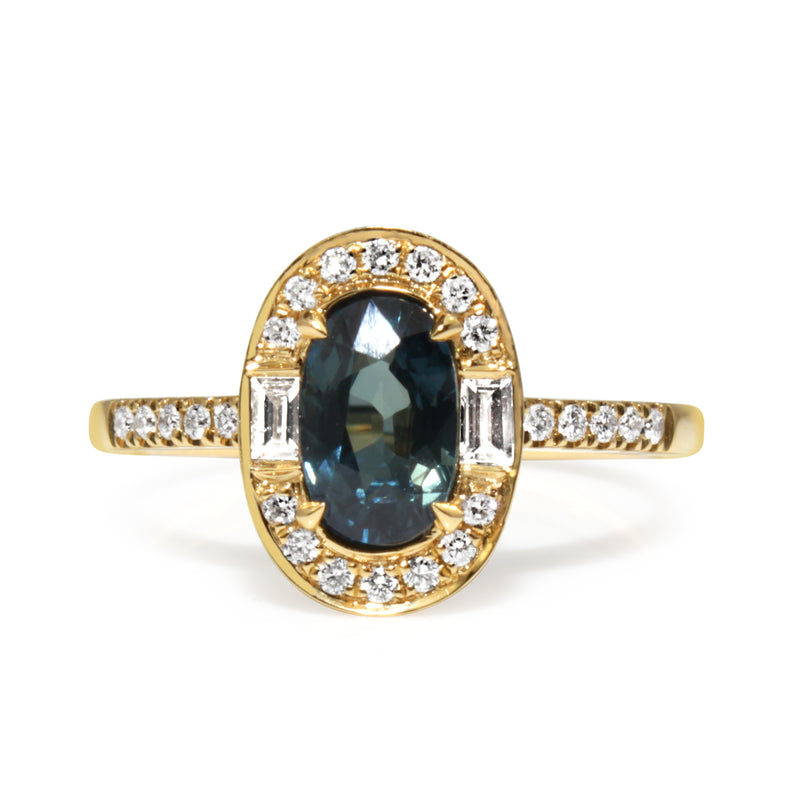 18ct Yellow Gold Sapphire and Diamond Halo Ring