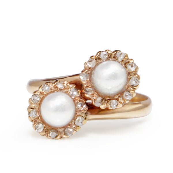 18ct Rose / Yellow Gold Antique Pearl and Rose Cut Diamond 'Moi et Toi' Ring