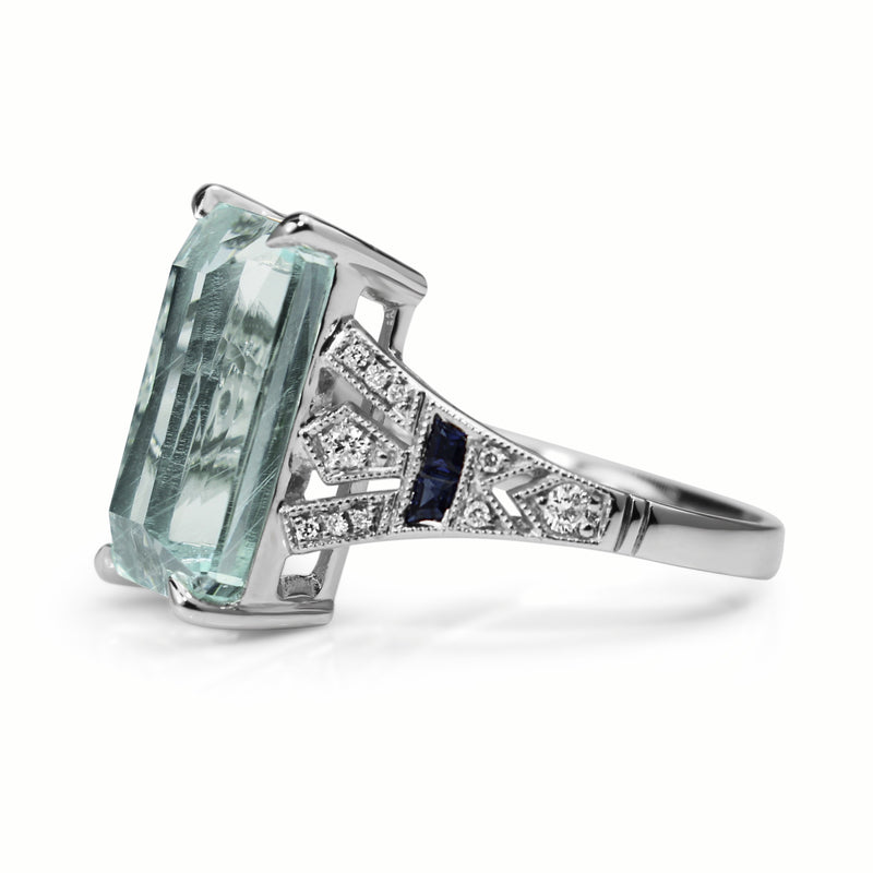 18ct White Gold Deco Style Aquamarine, Sapphire and Diamond Ring