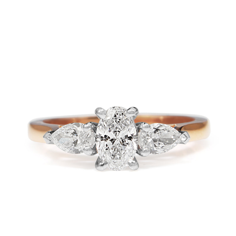 18ct Rose and White Gold Oval and Pear Diamond 3 Stone Ring
