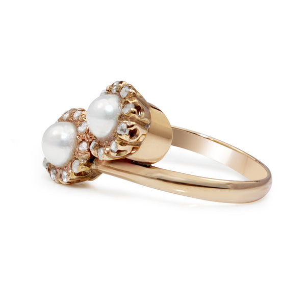 18ct Rose / Yellow Gold Antique Pearl and Rose Cut Diamond 'Moi et Toi' Ring