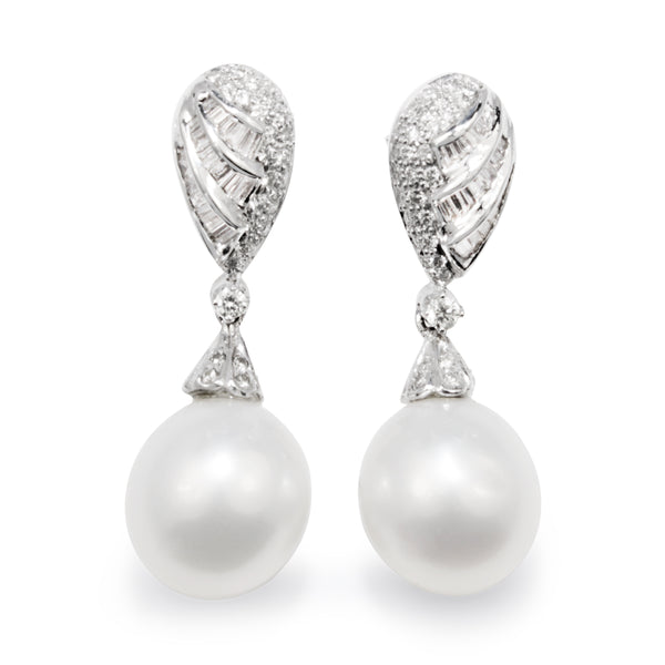 14ct White Gold Vintage Diamond 12mm South Sea Pearl Earrings