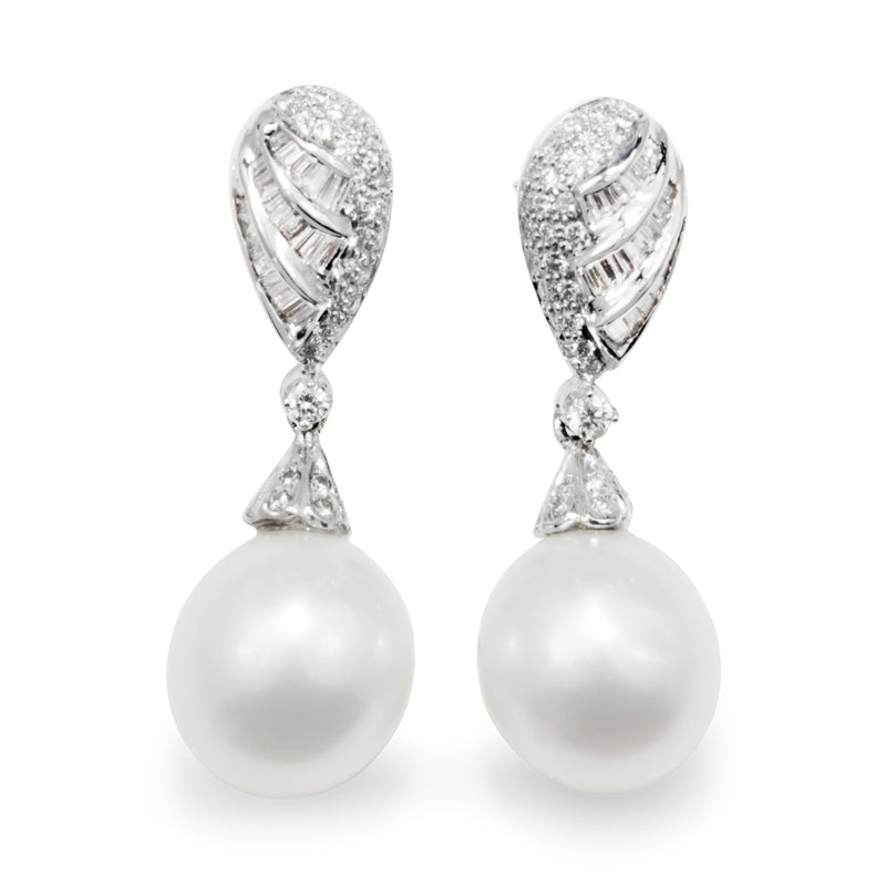 14ct White Gold Vintage Diamond 12mm South Sea Pearl Earrings