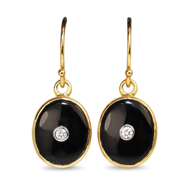 9ct Yellow Gold Onyx and Diamond Drop Earrings