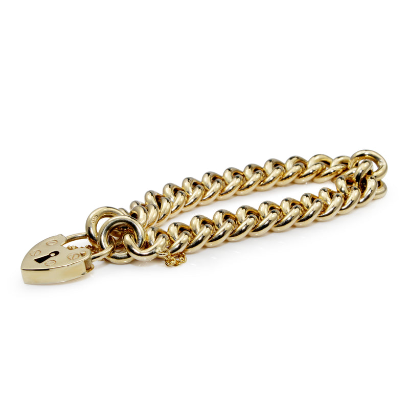 9ct Yellow Gold Curb Link Bracelet with Heart Padlock