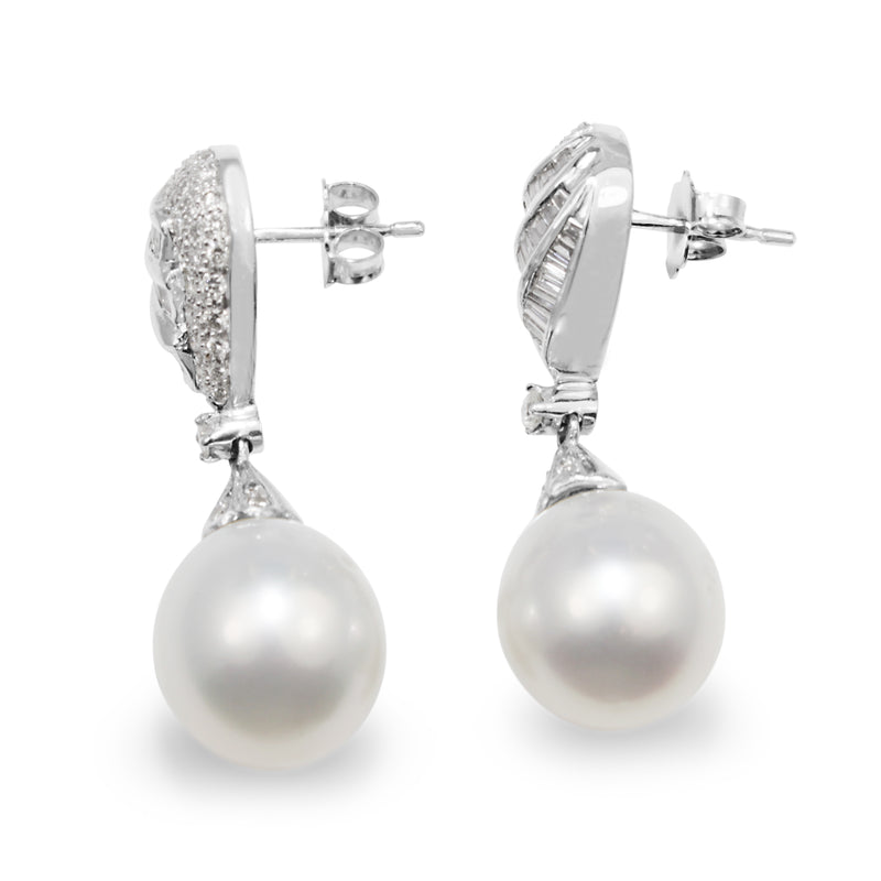 14ct White Gold Vintage Diamond 12mm South Sea Pearl Earrings