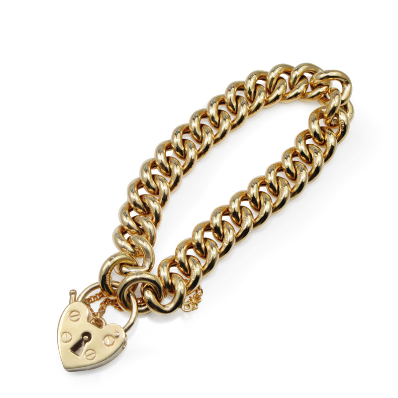 9ct Yellow Gold Curb Link Bracelet with Heart Padlock