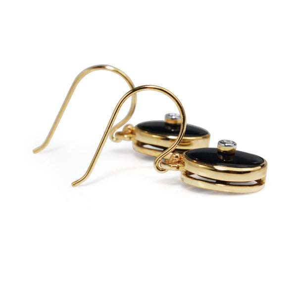 9ct Yellow Gold Onyx and Diamond Drop Earrings