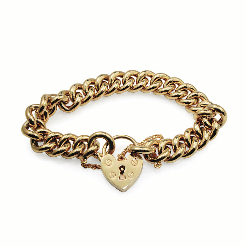 9ct Yellow Gold Curb Link Bracelet with Heart Padlock