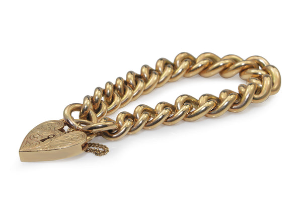 9ct Yellow Gold Graduated Curb Link Bracelet with Heart Padlock