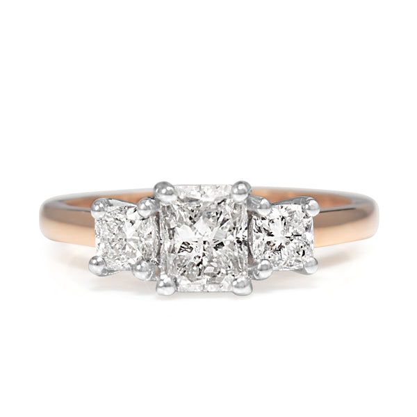 18ct Rose and White Gold Radiant and Cushion Cut 3 Stone Diamond Ring