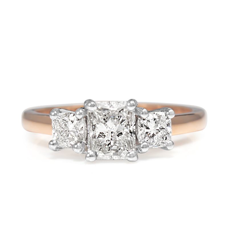 18ct Rose and White Gold Radiant and Cushion Cut 3 Stone Diamond Ring