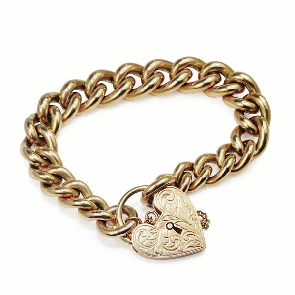 9ct Yellow Gold Graduated Curb Link Bracelet with Heart Padlock