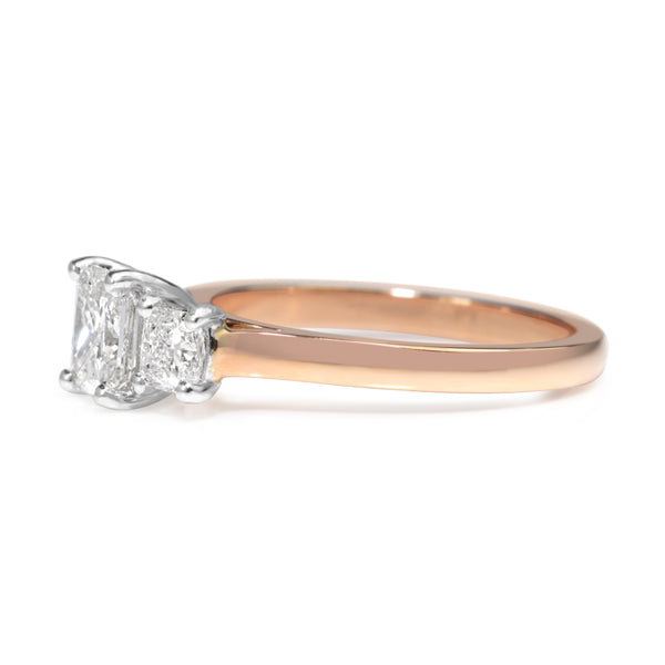 18ct Rose and White Gold Radiant and Cushion Cut 3 Stone Diamond Ring