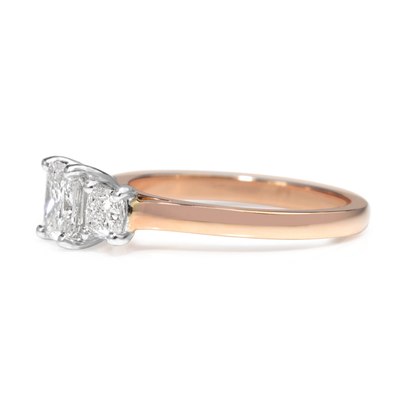 18ct Rose and White Gold Radiant and Cushion Cut 3 Stone Diamond Ring