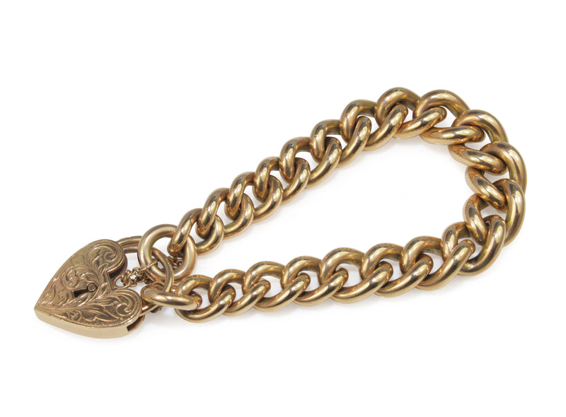 9ct Yellow Gold Graduated Curb Link Bracelet with Heart Padlock