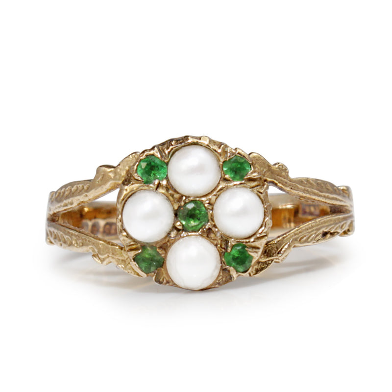 9ct Yellow Gold Antique Emerald and Pearl Ring