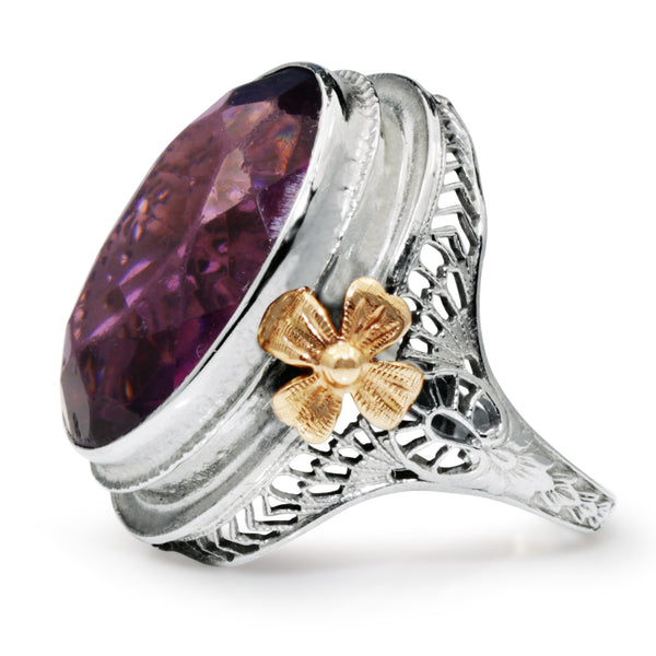 10ct White Gold Amethyst Ring With Rose Gold Detail