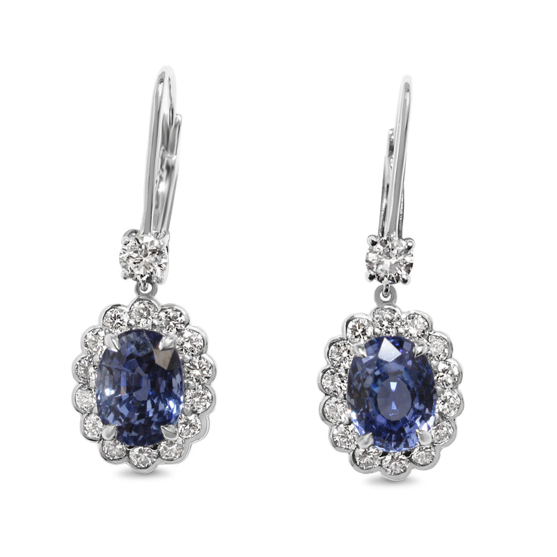 18ct White Gold Sapphire and Diamond Daisy Style Drop Earrings