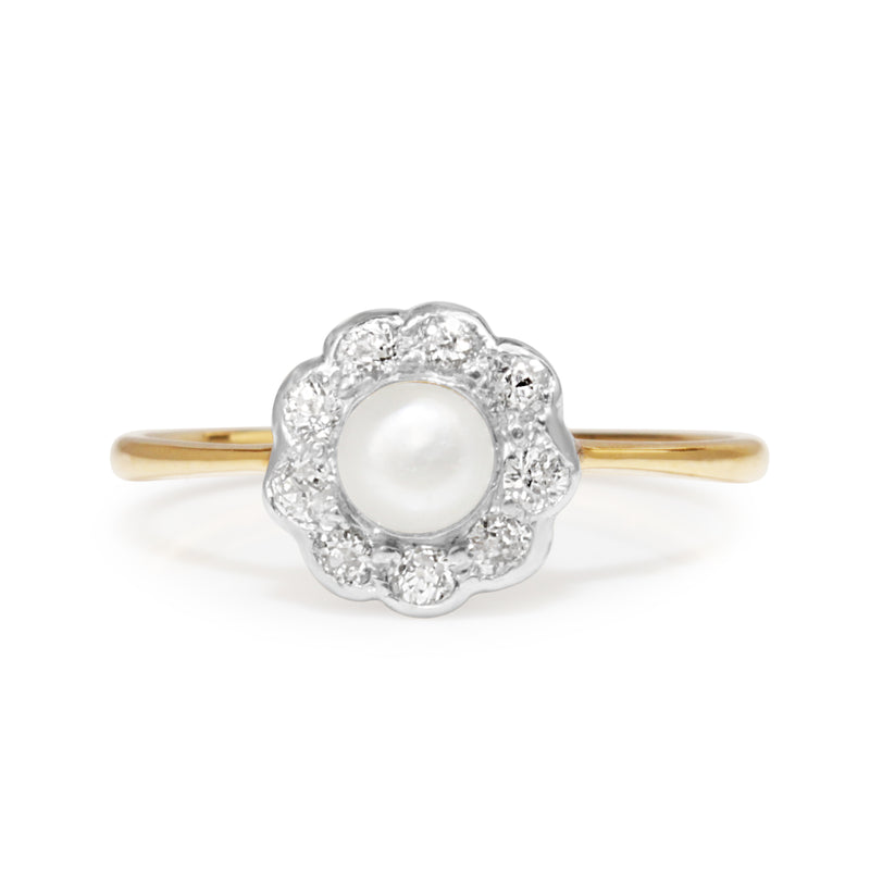 18ct Yellow Gold and Silver Topped Antique Pearl and Diamond Daisy Ring