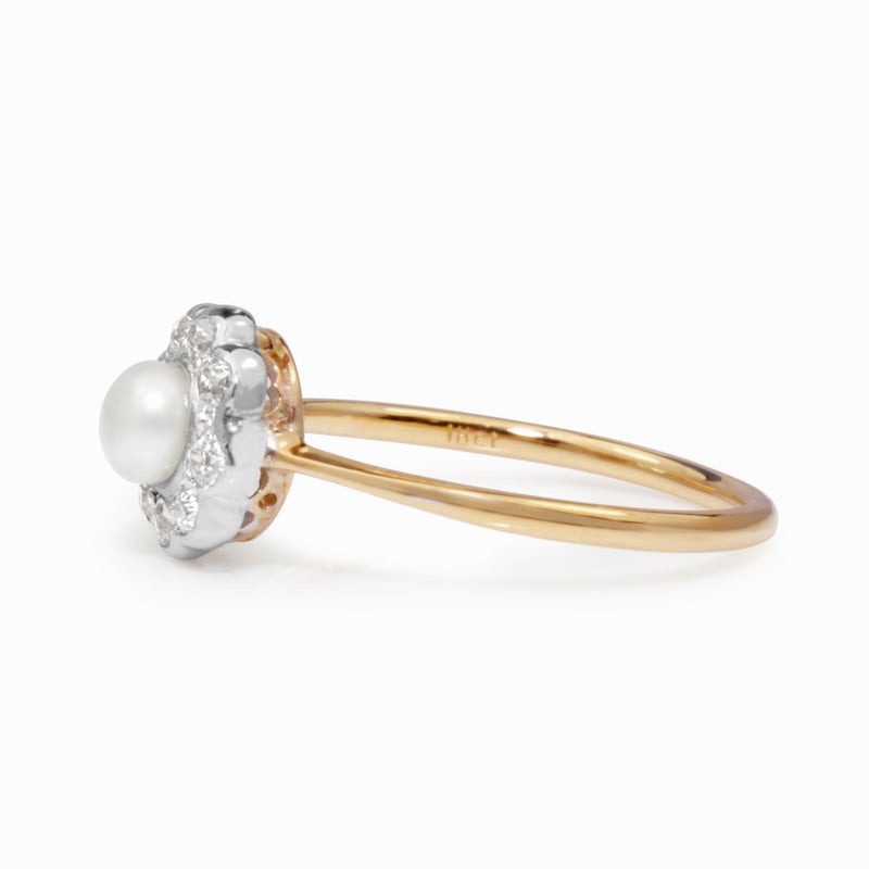 18ct Yellow Gold and Silver Topped Antique Pearl and Diamond Daisy Ring