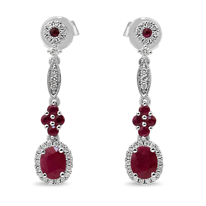 9ct White Gold Ruby and Diamond Drop Earrings