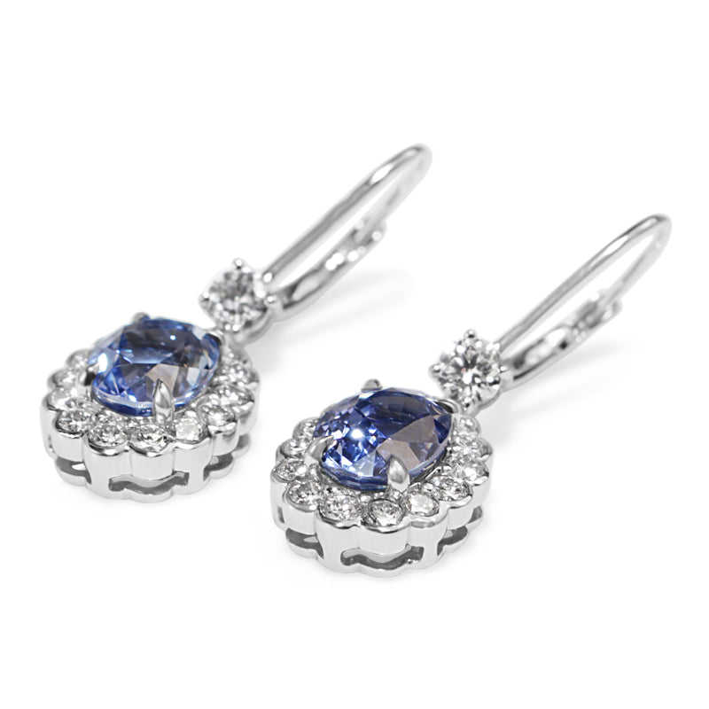 18ct White Gold Sapphire and Diamond Daisy Style Drop Earrings