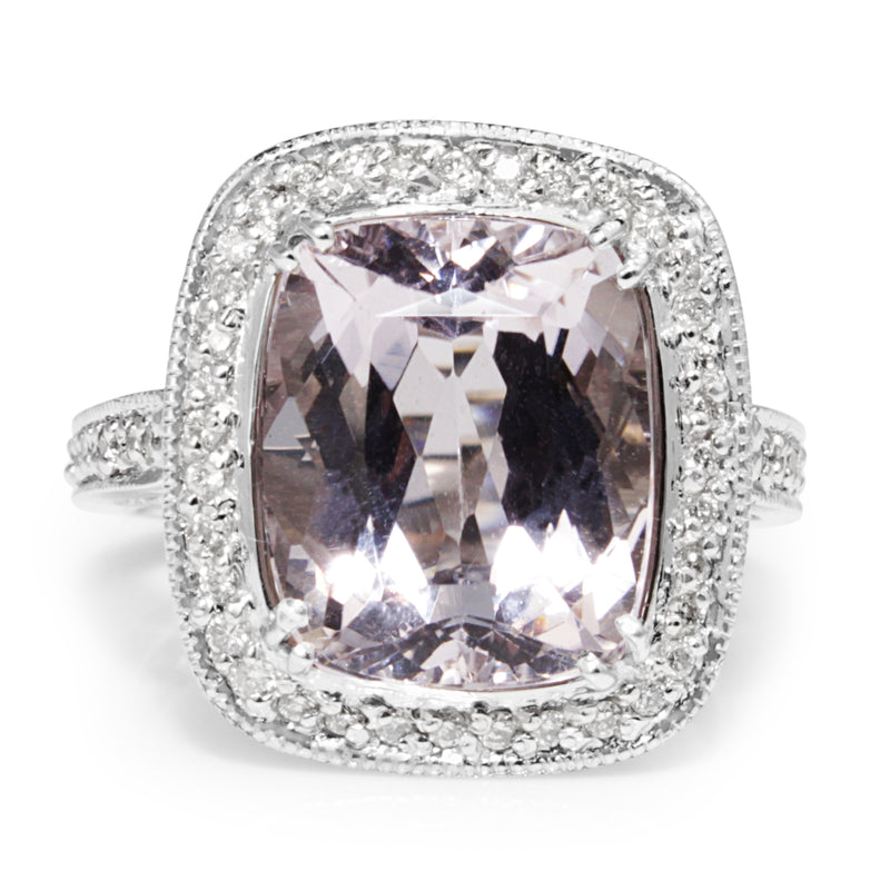 18ct White Gold Kunzite and Diamond Halo Ring