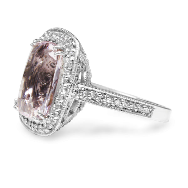 18ct White Gold Kunzite and Diamond Halo Ring