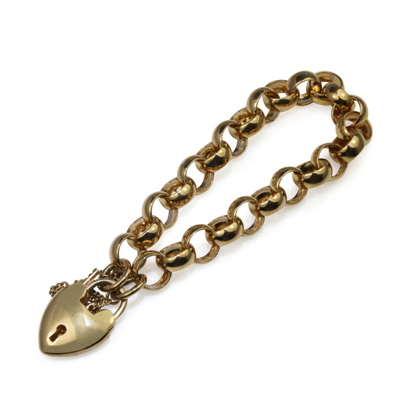 9ct Yellow Gold Belcher Link Bracelet with Heart Padlock Clasp