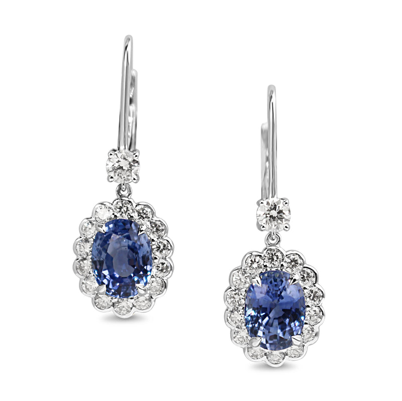 18ct White Gold Sapphire and Diamond Daisy Style Drop Earrings