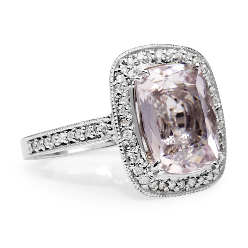 18ct White Gold Kunzite and Diamond Halo Ring