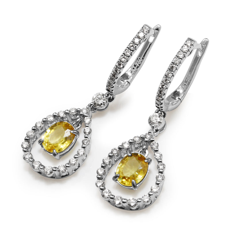 18ct White Gold Yellow Sapphire and Diamond Drop Earrings