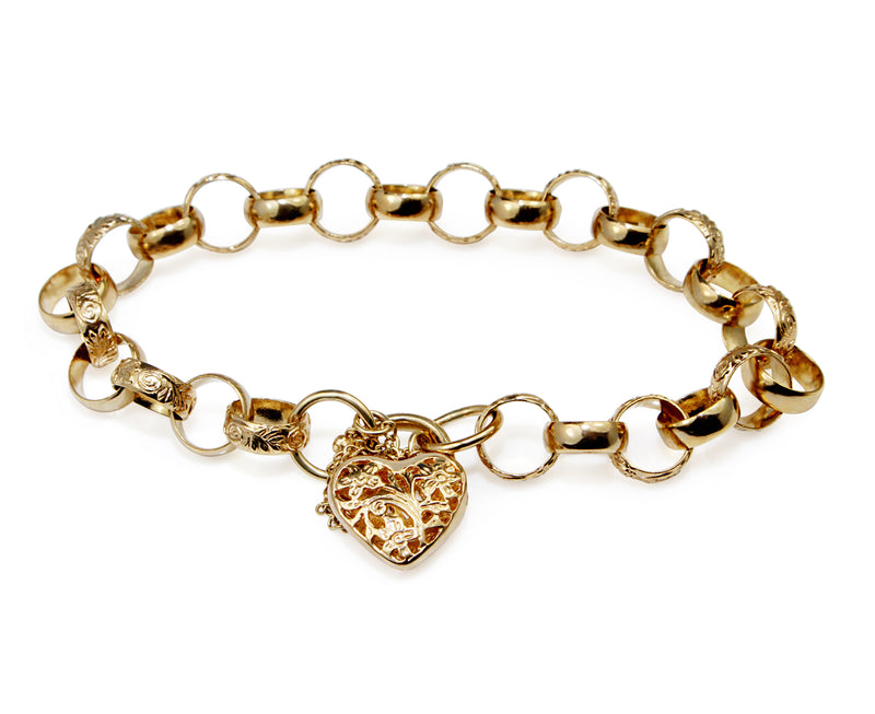 9ct Yellow Gold Belcher Link Etched Bracelet with Heart Padlock Clasp
