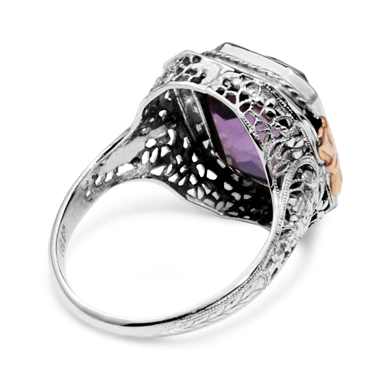 18ct White Gold Art Deco Amethyst Filigree Ring with Rose Gold Detail