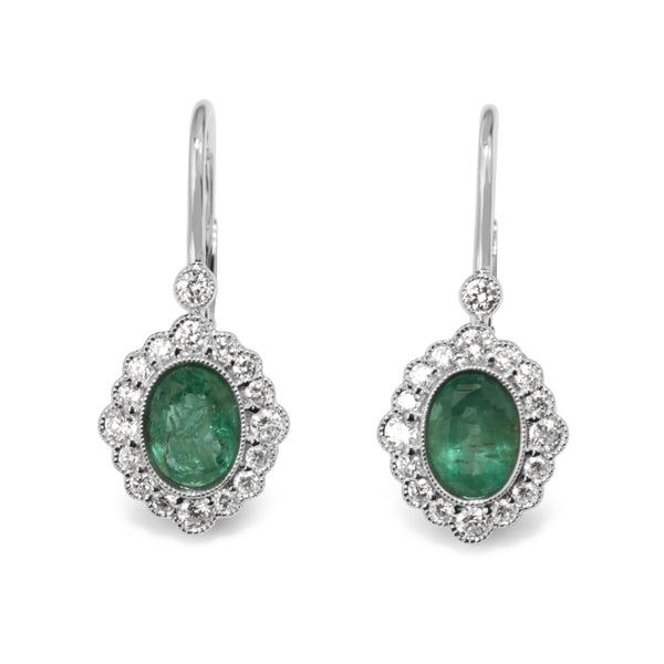 18ct White Gold Emerald and Diamond Drop Earrings