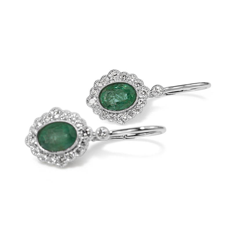 18ct White Gold Emerald and Diamond Drop Earrings