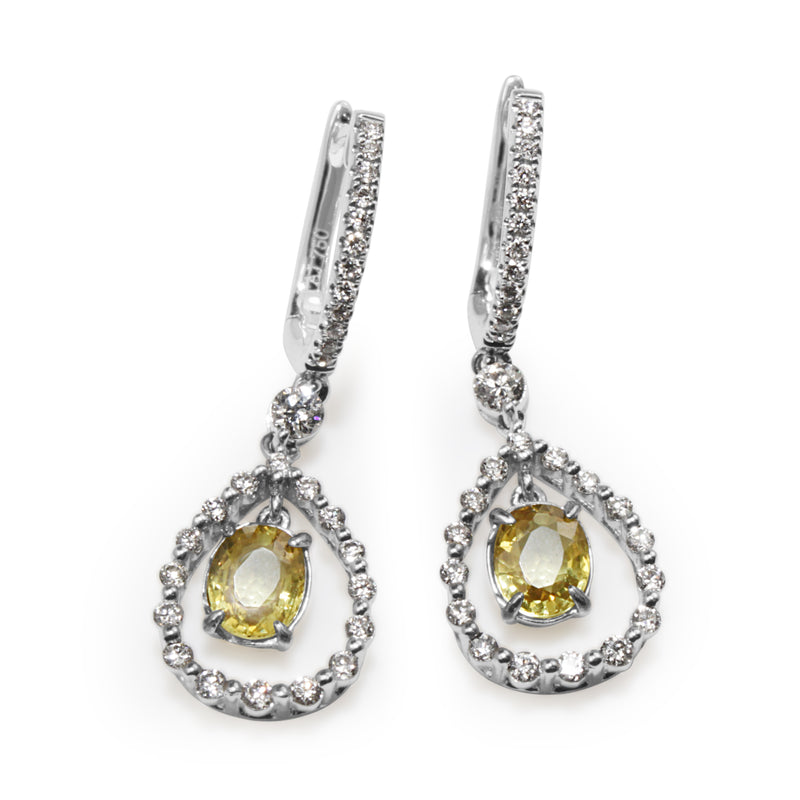 18ct White Gold Yellow Sapphire and Diamond Drop Earrings
