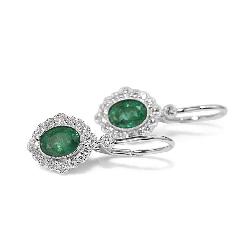 18ct White Gold Emerald and Diamond Drop Earrings