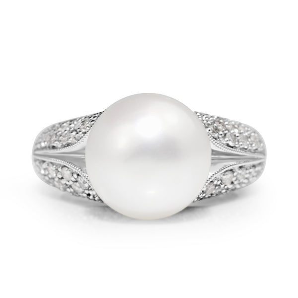 14ct White Gold 11mm South Sea Pearl and Diamond Ring