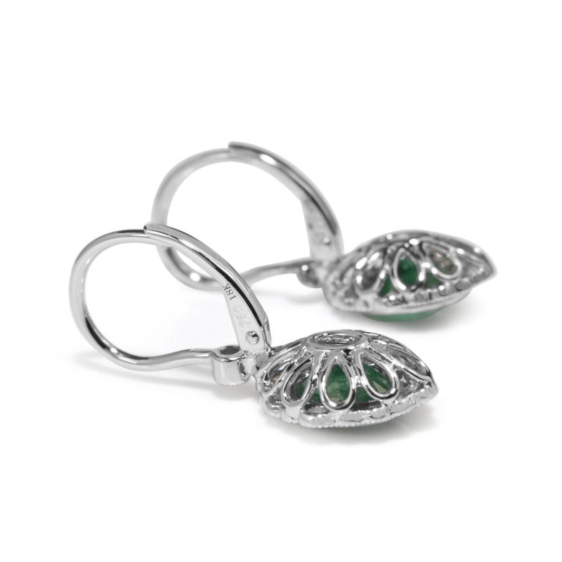 18ct White Gold Emerald and Diamond Drop Earrings