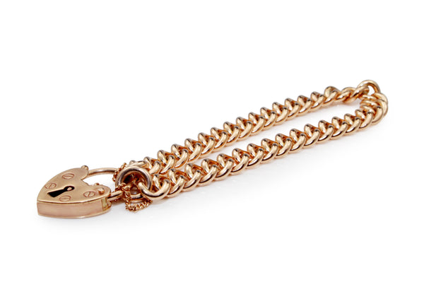 9ct Rose Gold Curb Link Bracelet with Heart Padlock